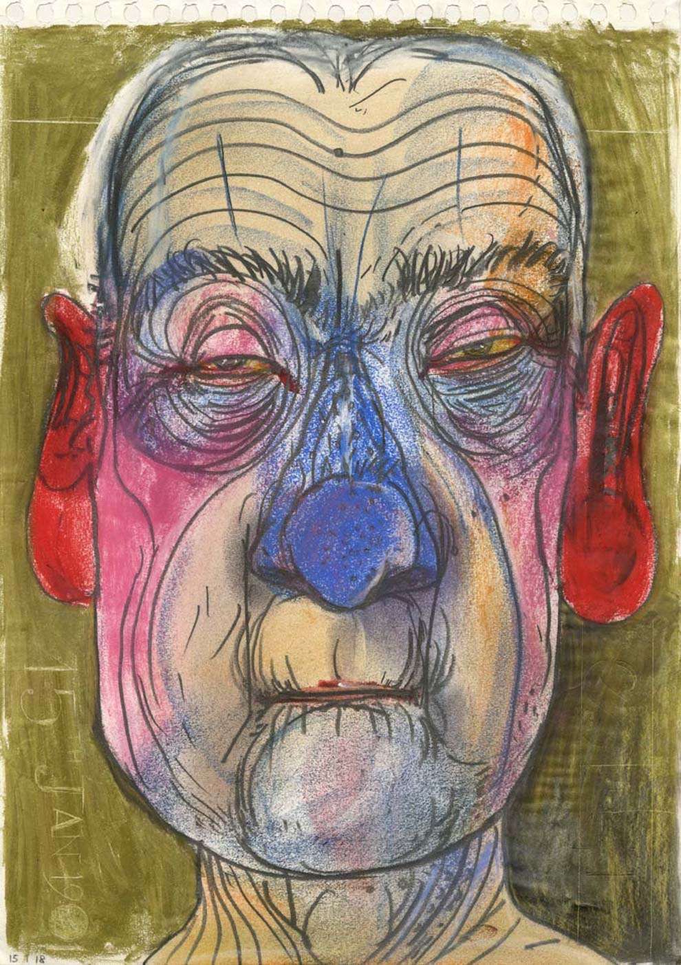 David Hughes, Oil pastel and pen portrait of an old sad man with red ears